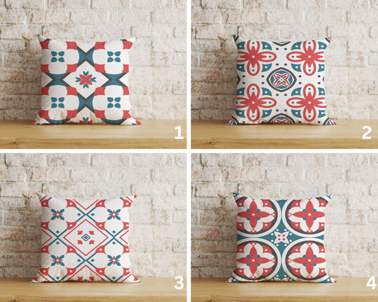 Red & Turquoise Motifs Cushion Covers Traditional Tiles Case