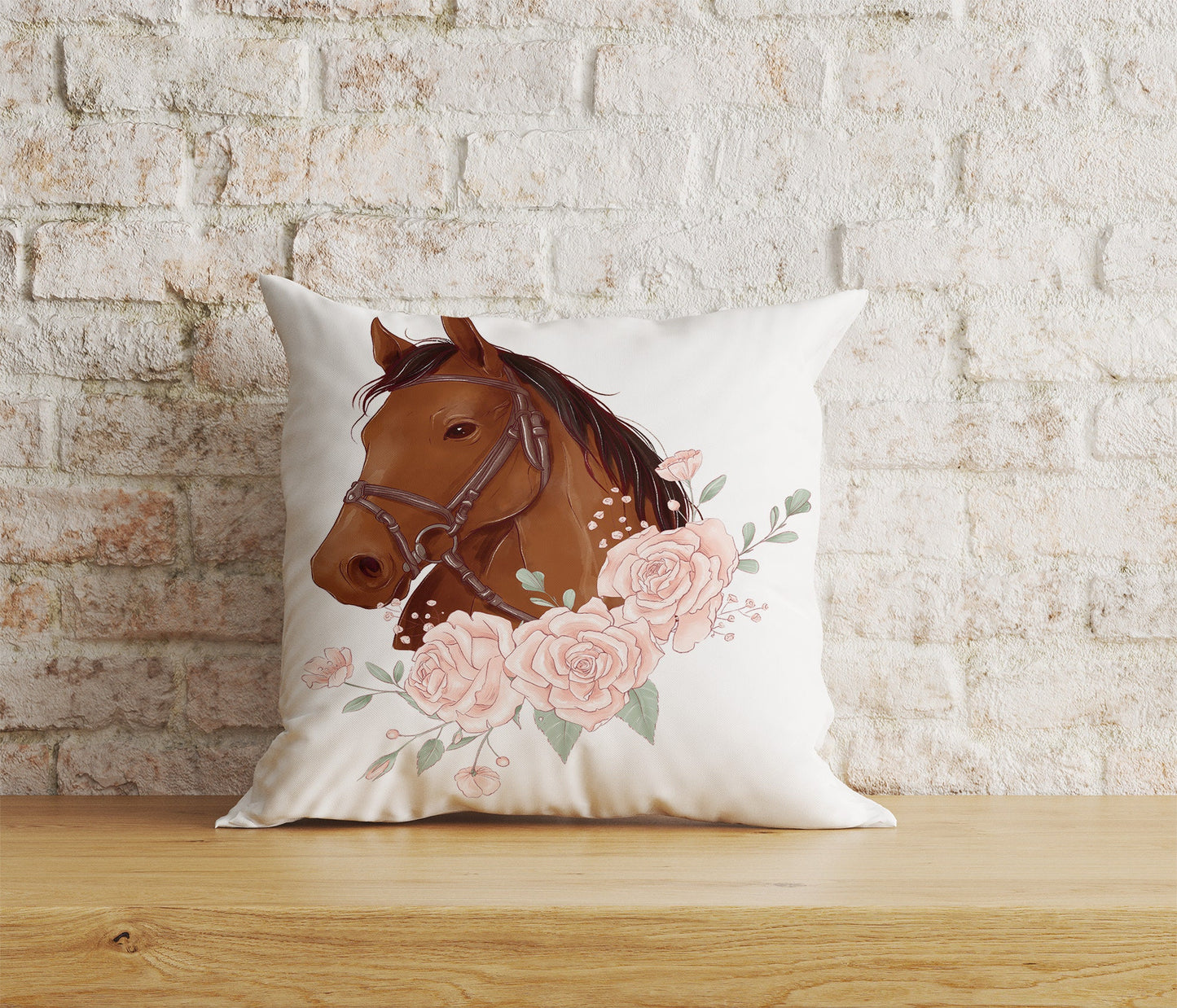 Horse Floral Pillow Cover White & Brown Horse Cushion Cover