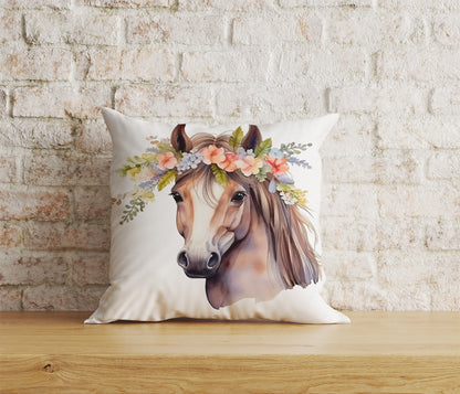 Horse Floral Pillow Cover White & Brown Horse Cushion Cover