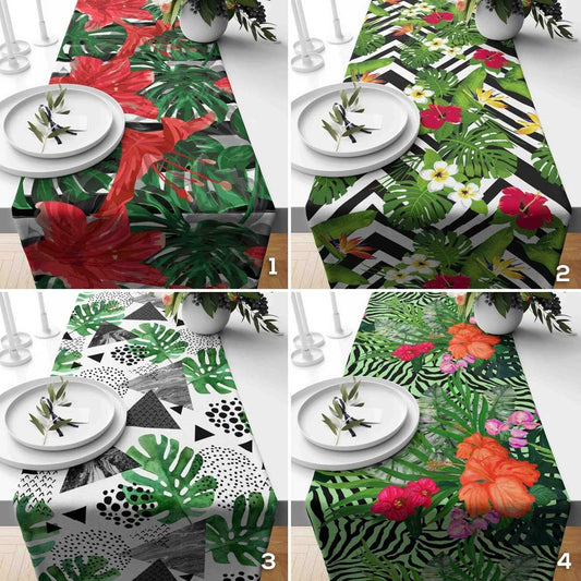 Green Leaves Table Runner Tropical Flower Table Cloth