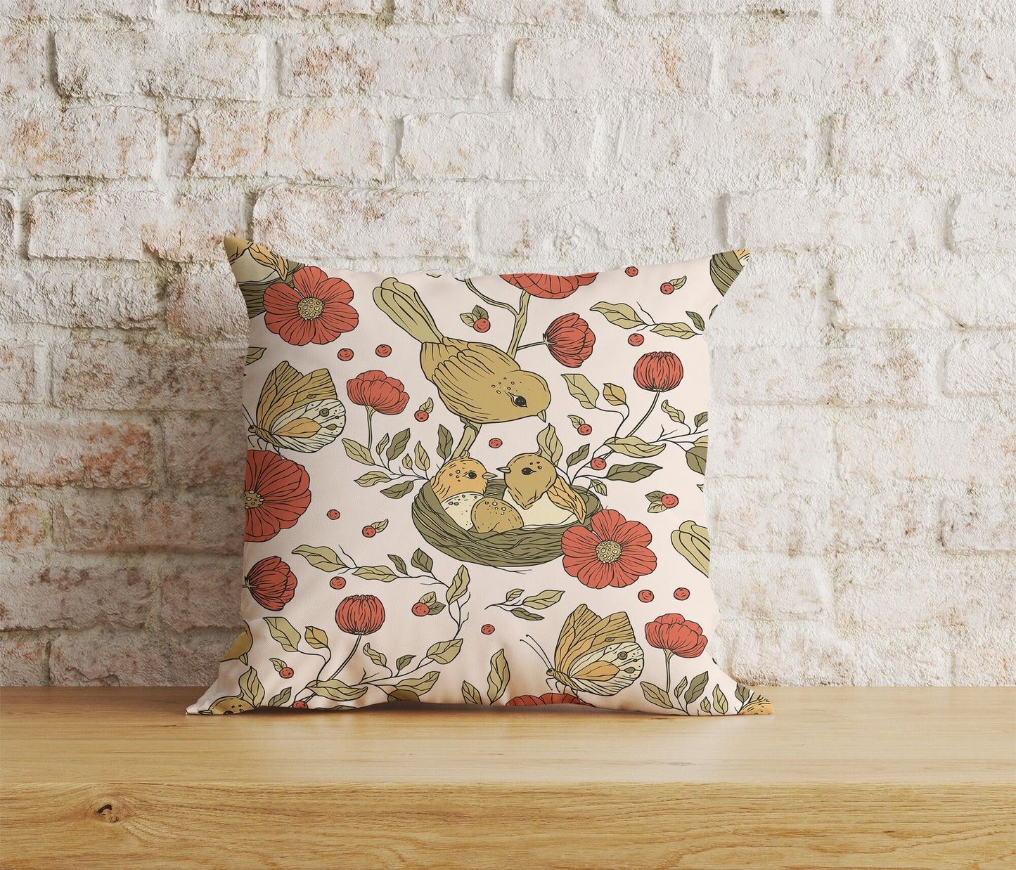 Floral Bird Cushion Cover Bird & Flower Pillowtop Scatter