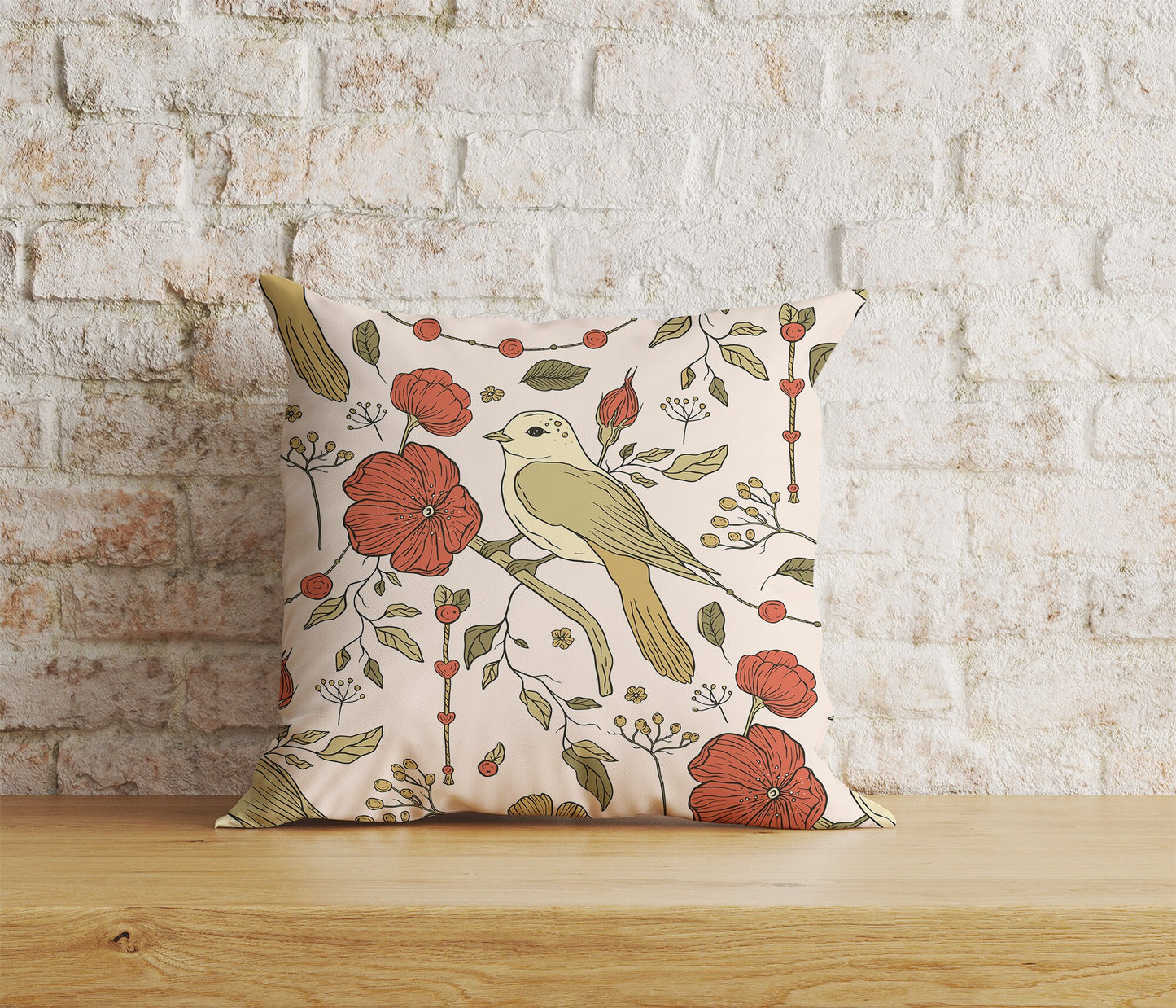 Floral Bird Cushion Cover Bird & Flower Pillowtop Scatter