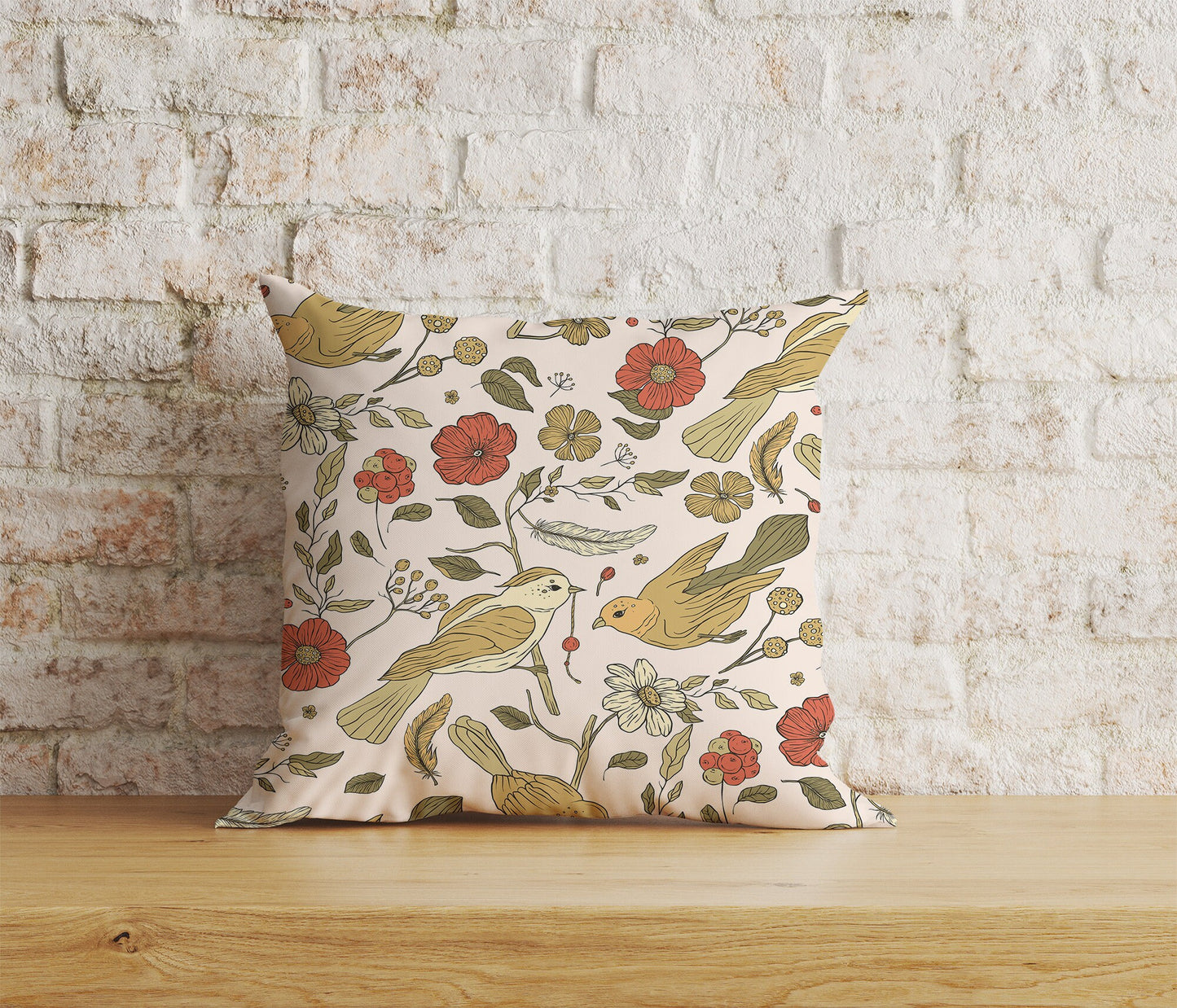 Floral Bird Cushion Cover Bird & Flower Pillowtop Scatter