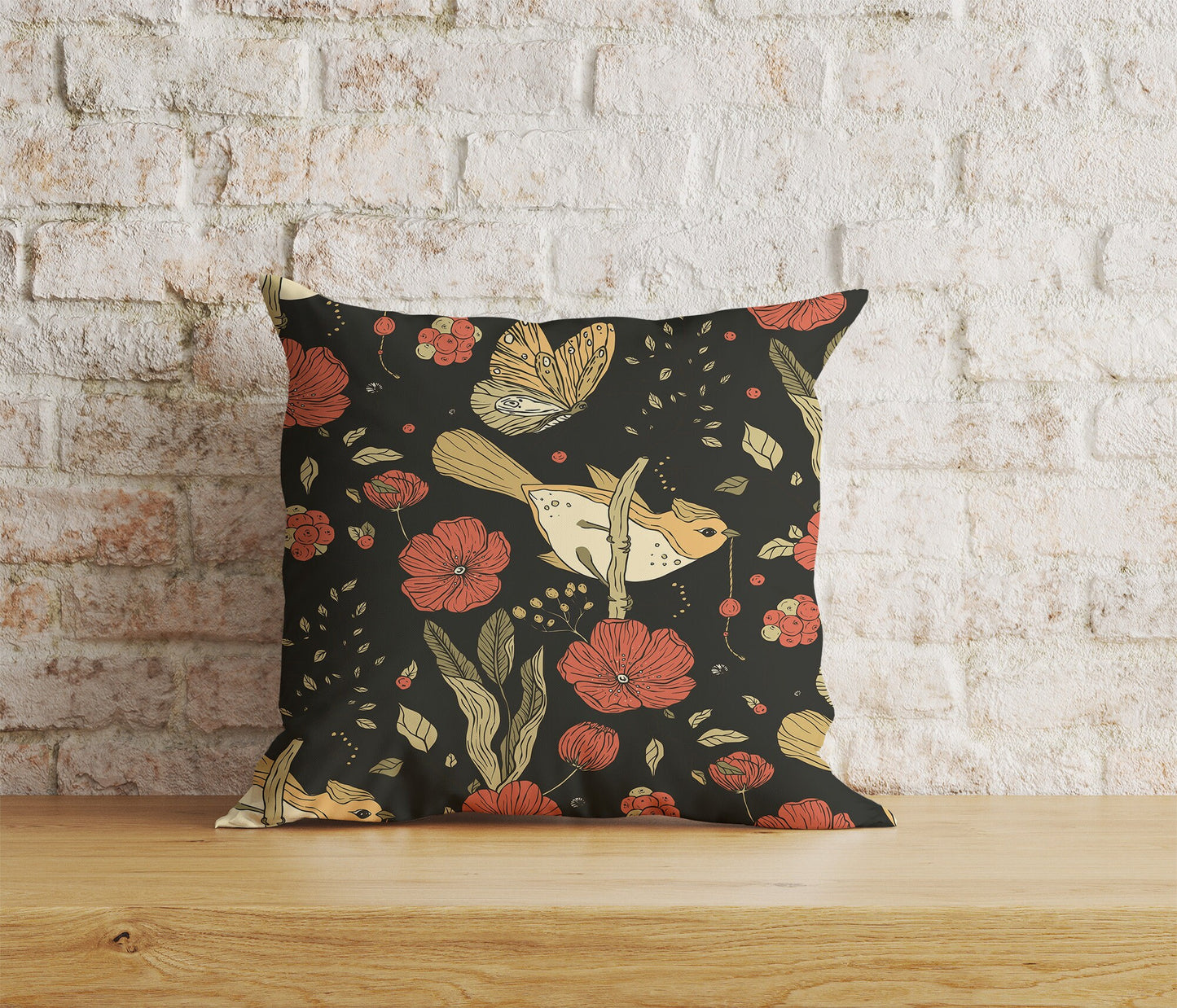 Floral Birds Cushion Cover Black Bird Flower Pillowtop