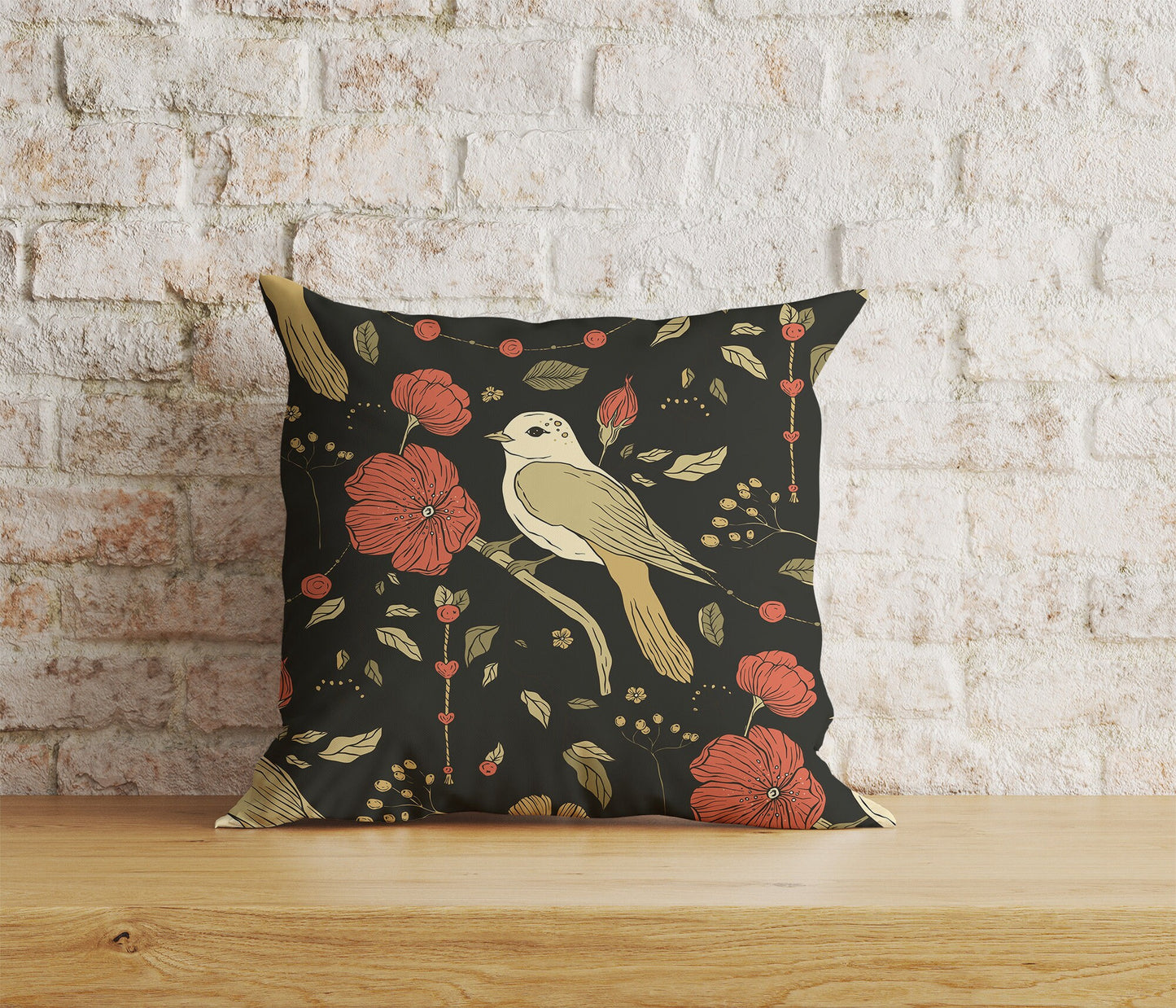 Floral Birds Cushion Cover Black Bird Flower Pillowtop