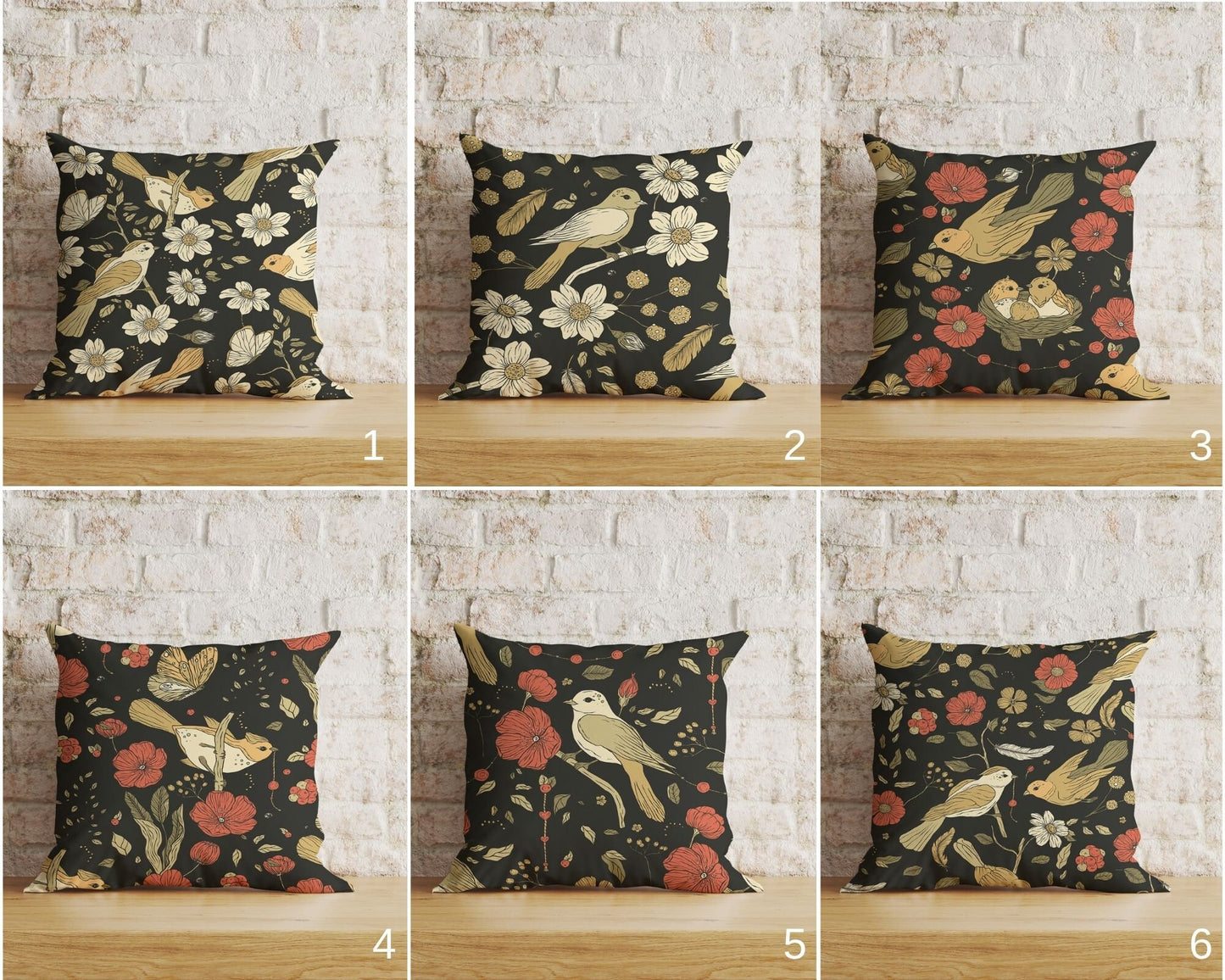 Floral Birds Cushion Cover Black Bird Flower Pillowtop