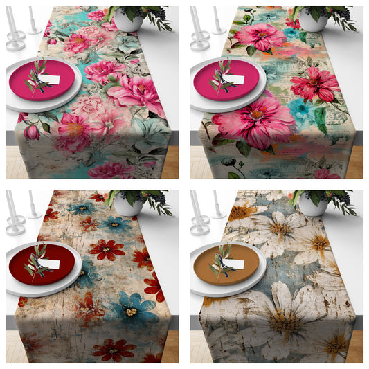 Boho Pink Flowers Table Runner Bloomy Spring Tablecloths