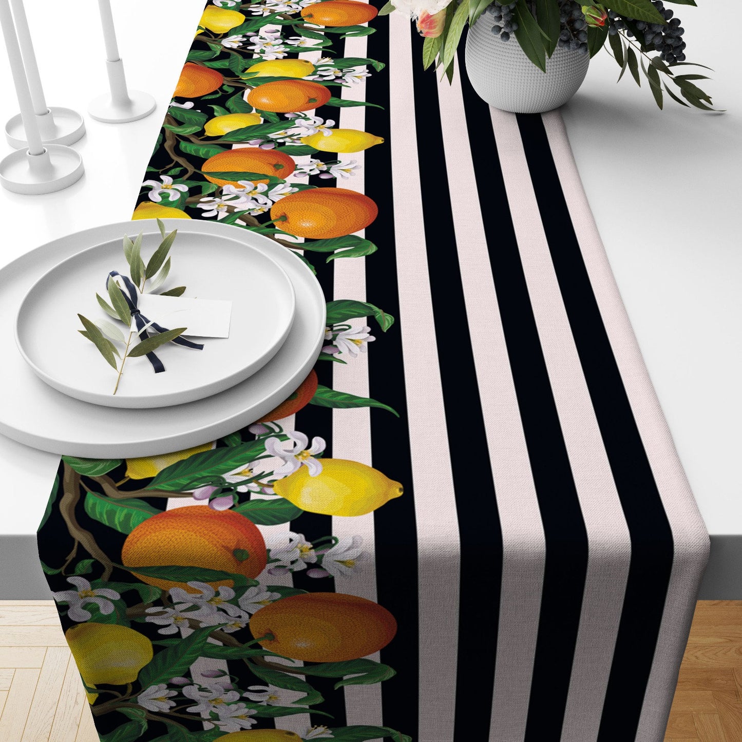 Lemon Table Runner Floral Table Cloth Stripe Lime Decoration