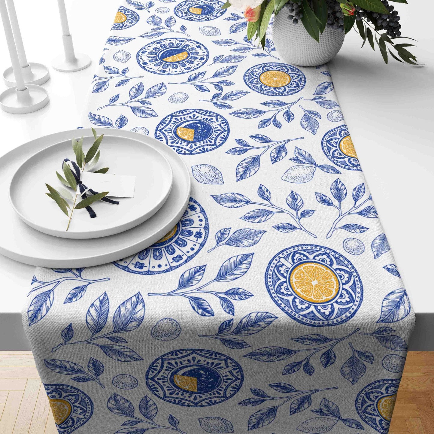 Lemon Pattern Table Runner Yellow Green Blue Kitchen Runner