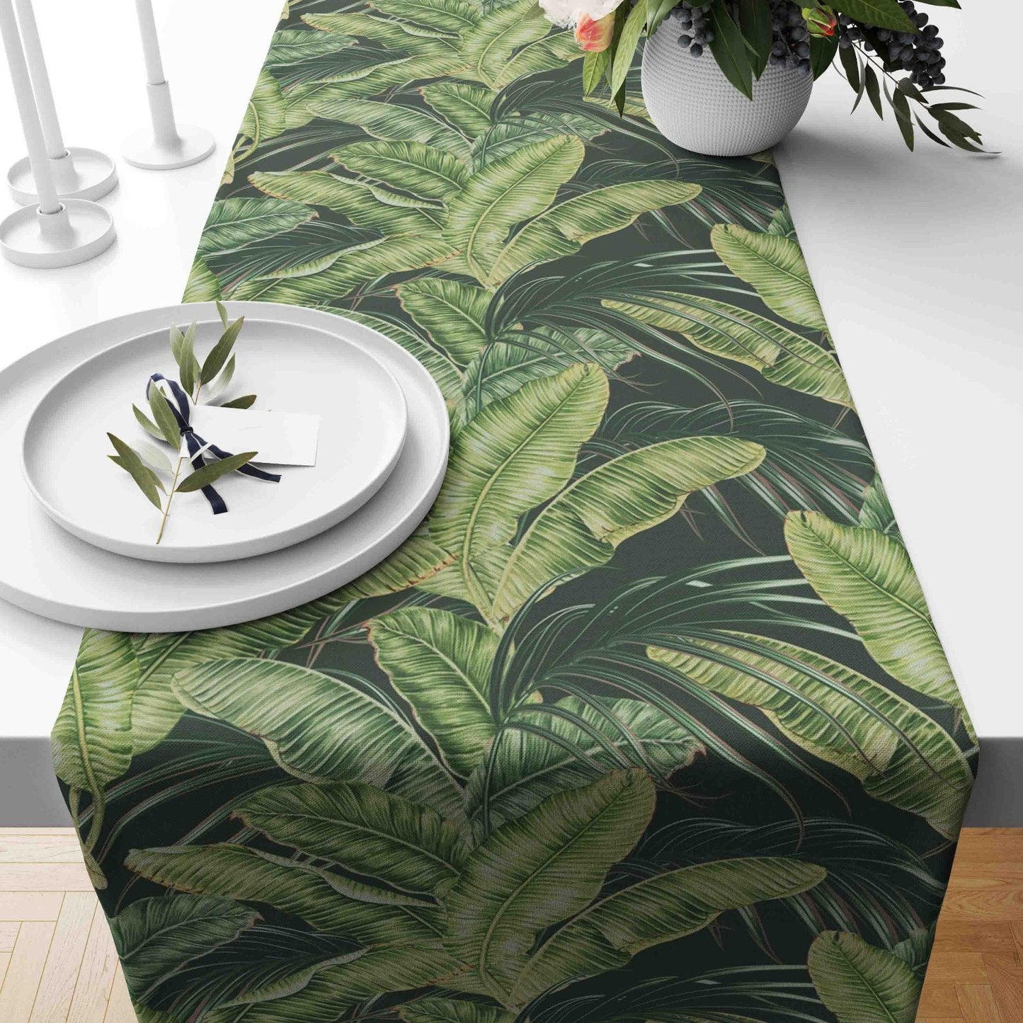 Tropical Palm Leaf Exotic Flowers Green Leaves Table Runner