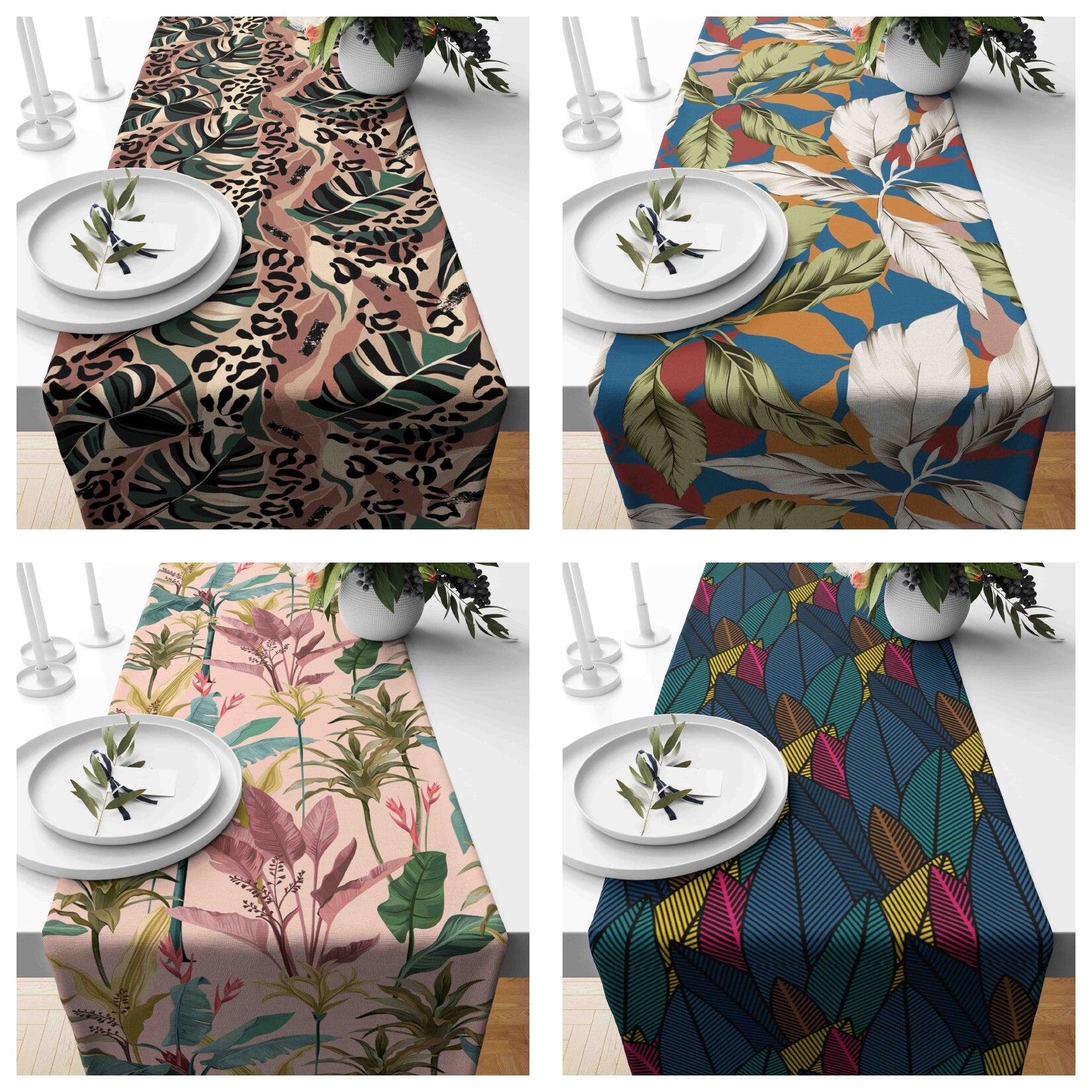 Palm Leaf  Flowers Table Runner Bird of Paradise Table Cloth