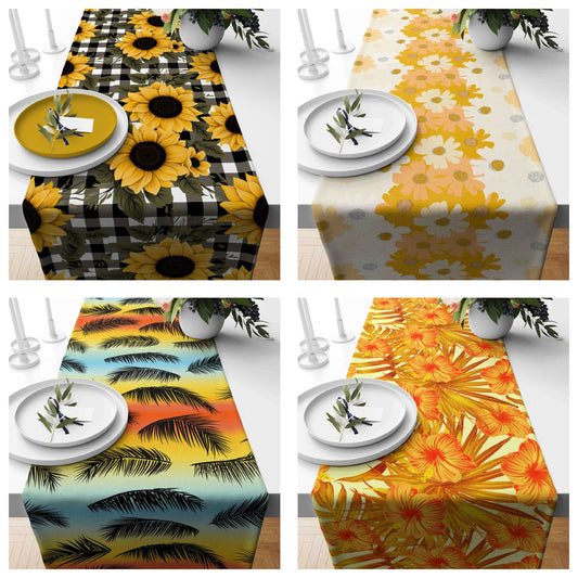 Sunflower Daisy Green Leaf Orange Floral Table Runner