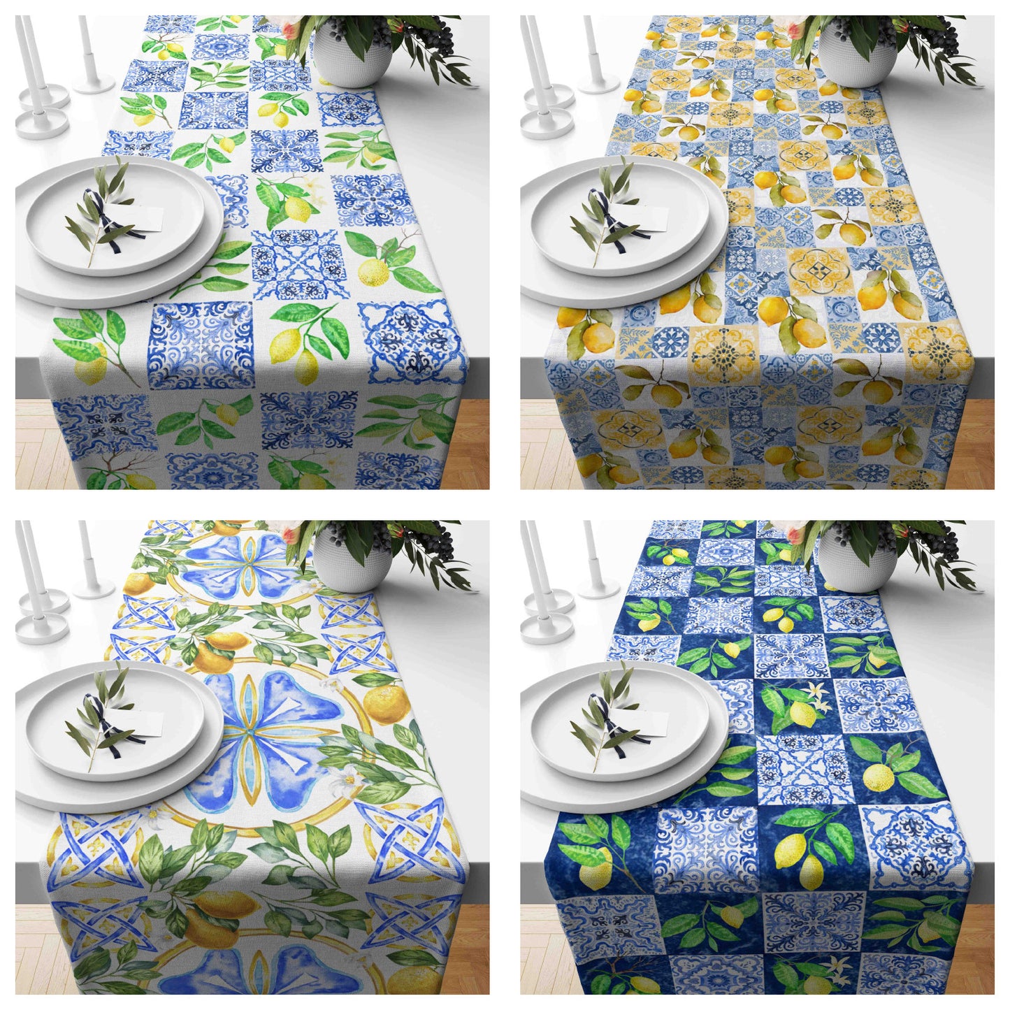 Lemons on Tile Table Runner Blue & Yellow Kitchen Runner