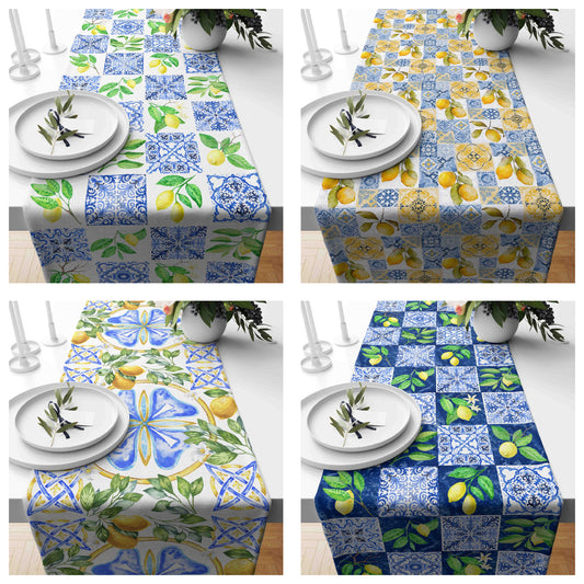 Lemons on Tile Table Runner Blue & Yellow Kitchen Runner