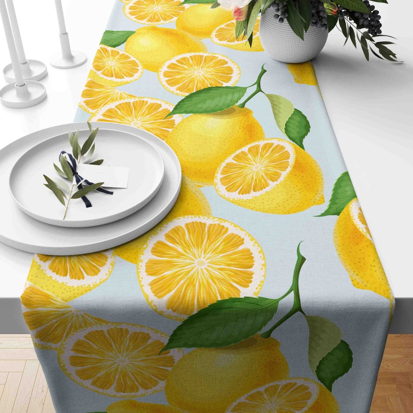 Lemon Design Table Runner Yellow & Black Tablecloth Kitchen