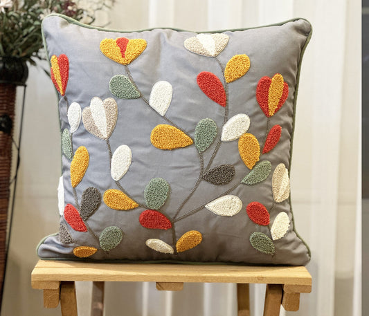 Punch Needle Pillow Cover Gray Embroidery Colorful Leaves