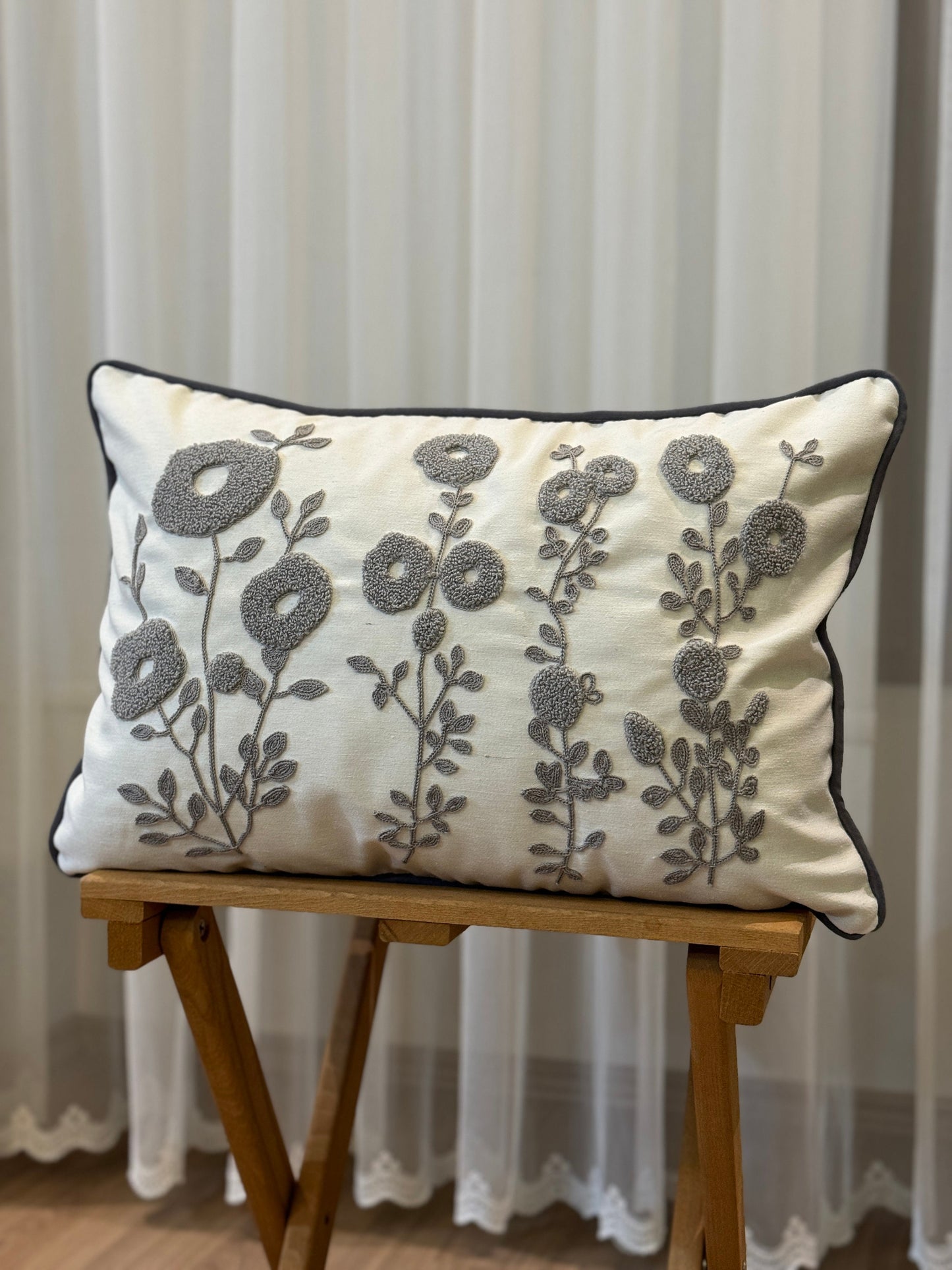 Gray Floral Punch Needle Cushion Cover