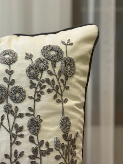 Gray Floral Punch Needle Cushion Cover