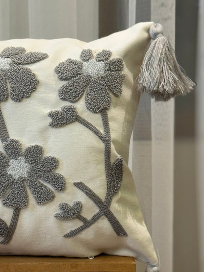 Gray Floral Punch Needle Cushion Cover