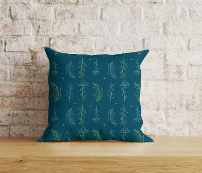 Blue Floral Cushion Cover, Linear Stem Pillow Cover