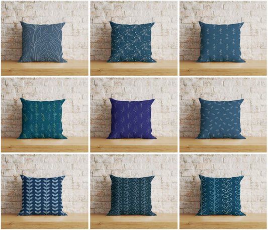 Blue Floral Cushion Cover, Linear Stem Pillow Cover