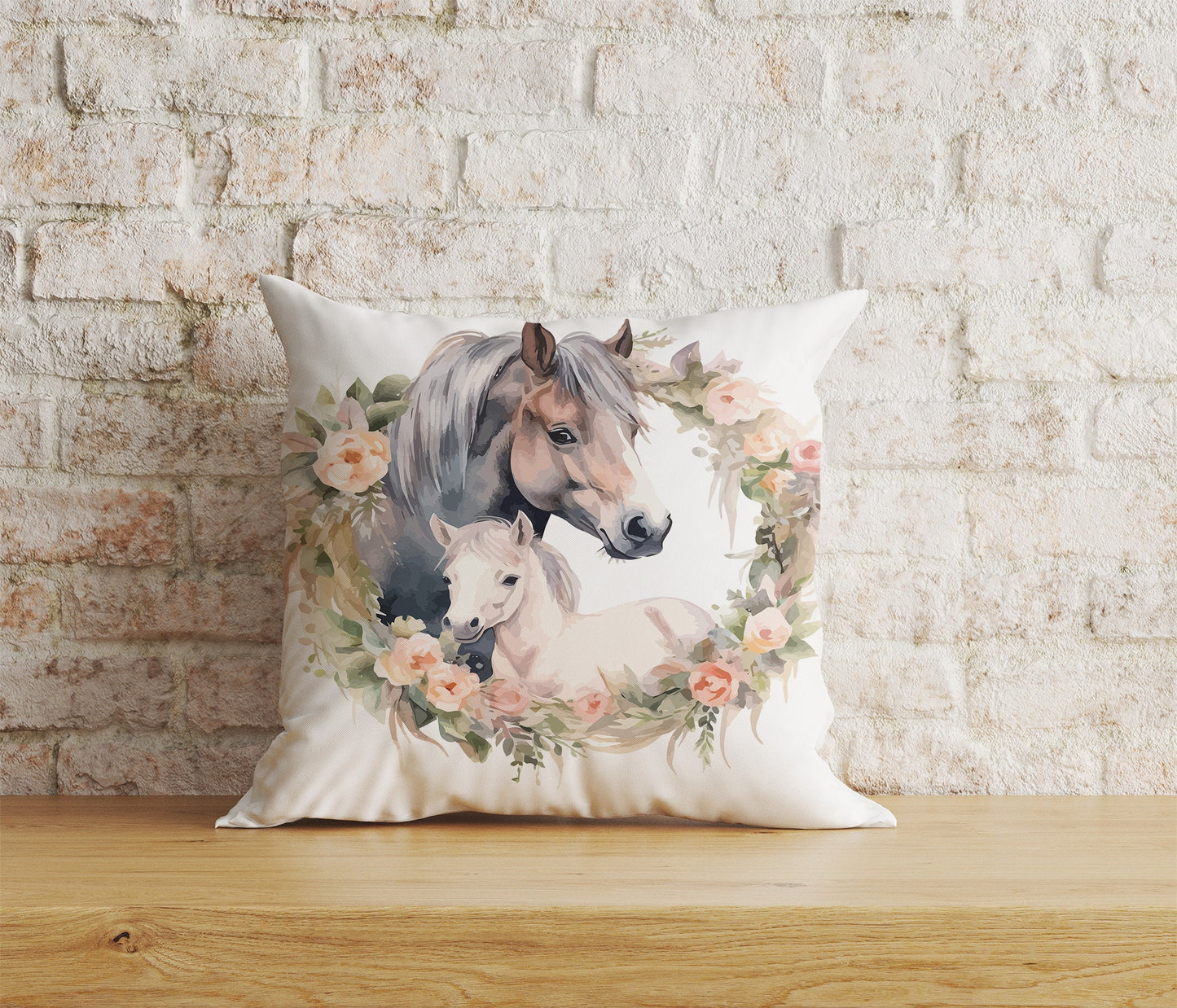 Horse Floral Pillow Cover White & Brown Horse Cushion Cover