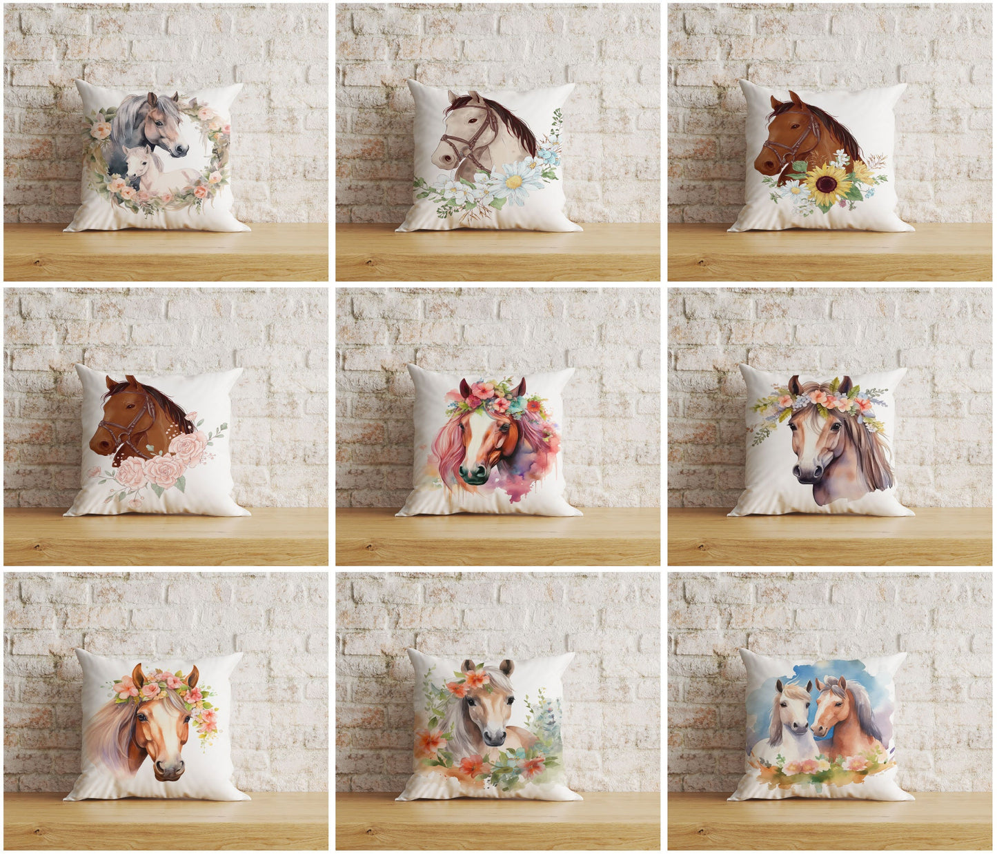 Horse Floral Pillow Cover White & Brown Horse Cushion Cover