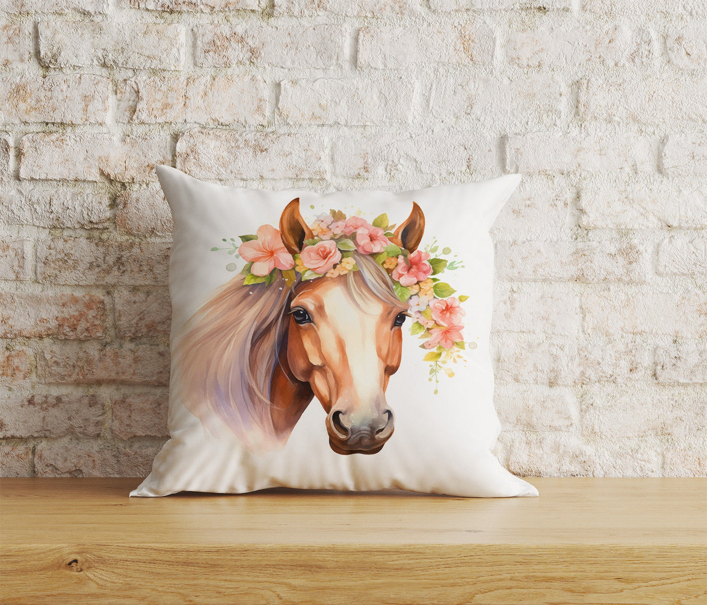 Horse Floral Pillow Cover White & Brown Horse Cushion Cover