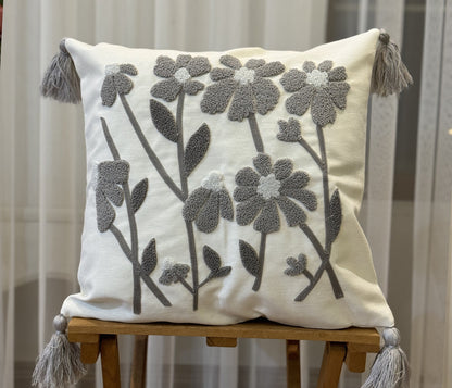 Gray Floral Punch Needle Cushion Cover Tufted Embroidery