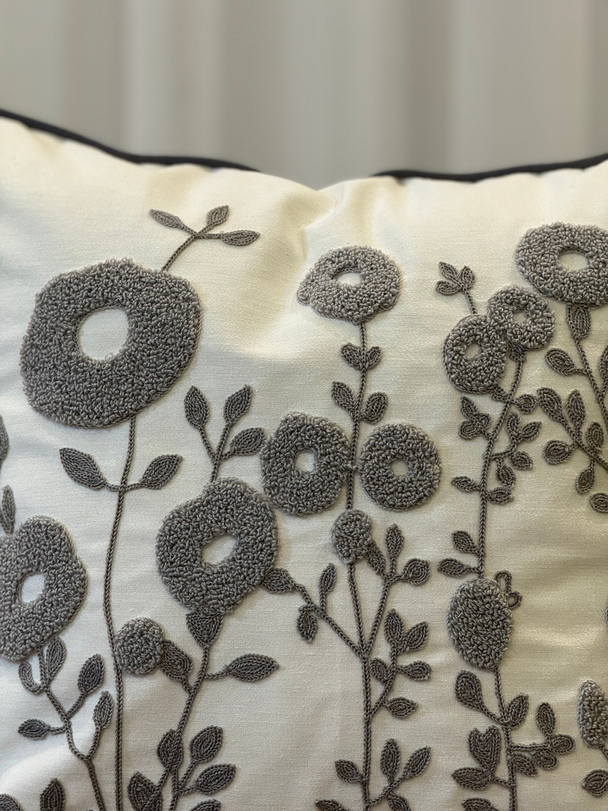 Gray Floral Punch Needle Cushion Cover