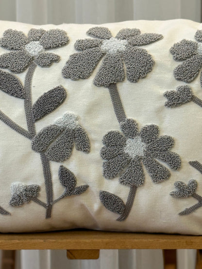 Gray Floral Punch Needle Cushion Cover