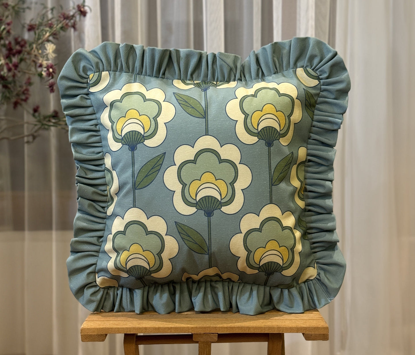 Retro Vintage Frill Cushion Cover Green Ruffled Pillow Cover