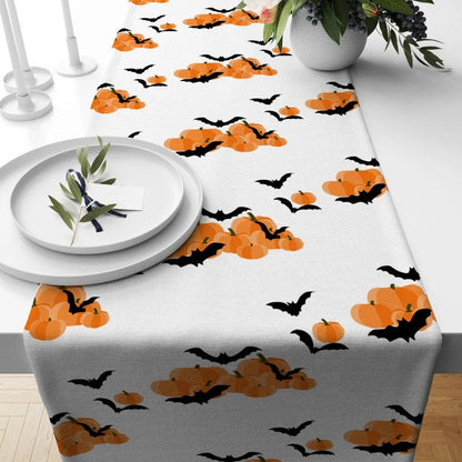 Halloween Orange Carved Pumpkins and Bats Table Runner