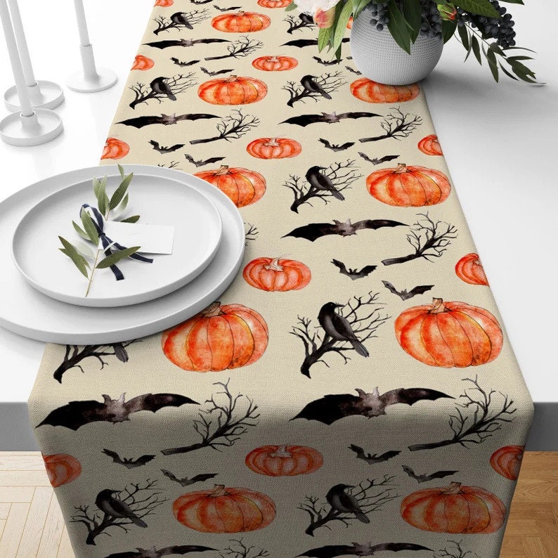 Halloween Orange Carved Pumpkins and Bats Table Runner