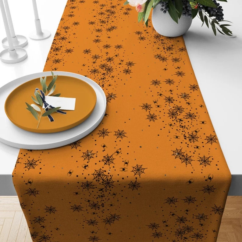 Trick or Treat Spooky Halloween Table Runner Orange Yellow Spider Web Runner