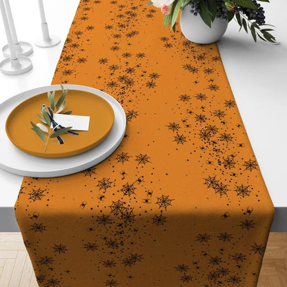 Trick or Treat Spooky Halloween Table Runner Orange Yellow Spider Web Runner