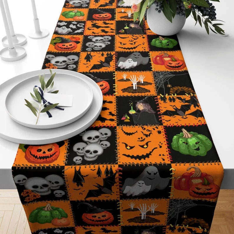 Orange & Black Halloween Table Runner - Skeleton, Pumpkin, Cat, Spider Design