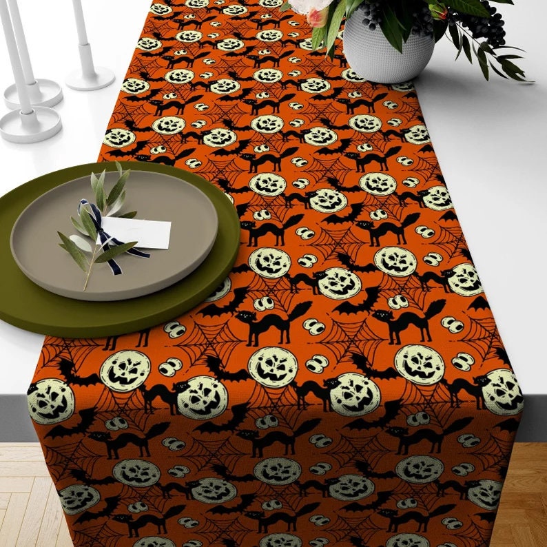 Orange & Black Halloween Table Runner - Skeleton, Pumpkin, Cat, Spider Design