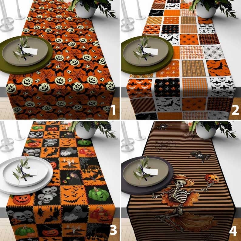 Orange & Black Halloween Table Runner - Skeleton, Pumpkin, Cat, Spider Design