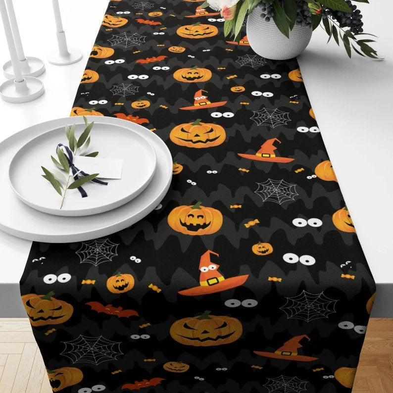 Spooky Halloween Party Black Cat Black Orange Table Runner