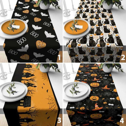 Spooky Halloween Party Black Cat Black Orange Table Runner