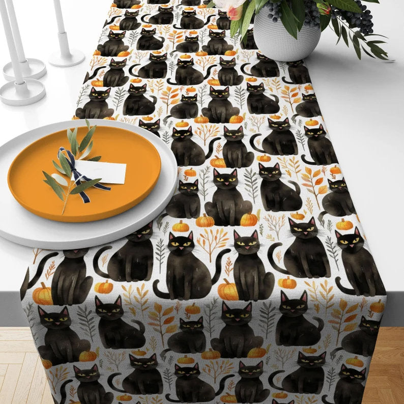 Spooky Halloween Party Black Cat Black Orange Table Runner