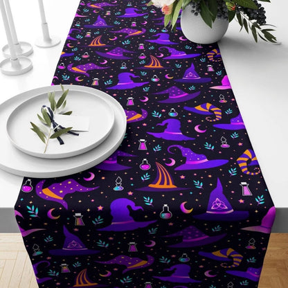 Purple Halloween Table Runner - Witch Hat, Ghost & Cat Design