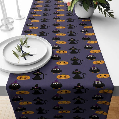 Purple Halloween Table Runner - Witch Hat, Ghost & Cat Design