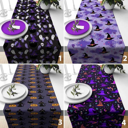 Purple Halloween Table Runner - Witch Hat, Ghost & Cat Design