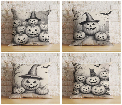 Black and White Pumpkin Halloween Drawing Carved Cushion Cover