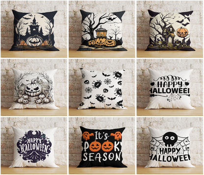 Halloween Carved Orange Pumpkin Spider Web Skull Cushion Cover