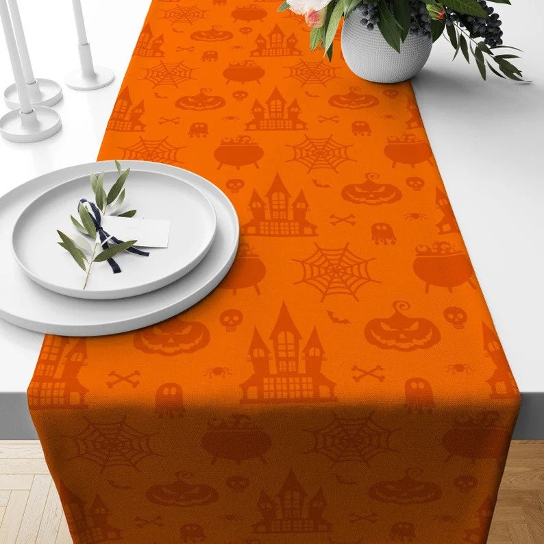 Halloween Orange Carved Pumpkins and Bats Table Runner