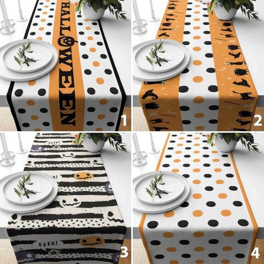 Halloween Table Runner Polka Dot October Kitchen Runner Orange & White Tablecloth