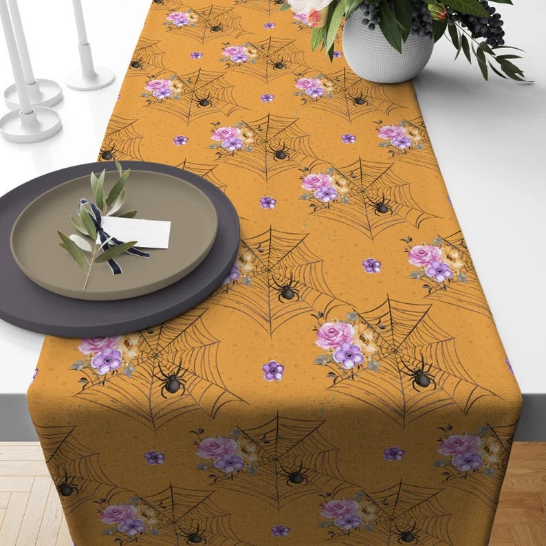 Trick or Treat Spooky Halloween Table Runner Orange Yellow Spider Web Runner